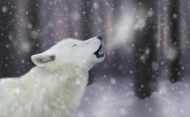 White Wolf Howling — Serene, Winter, Digital Art, Snow, Forest, Trees