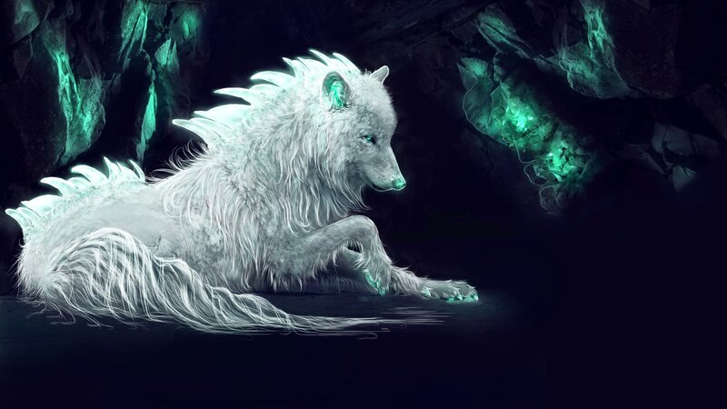 White Wolf in Cave — Dramatic, Night, Digital Art