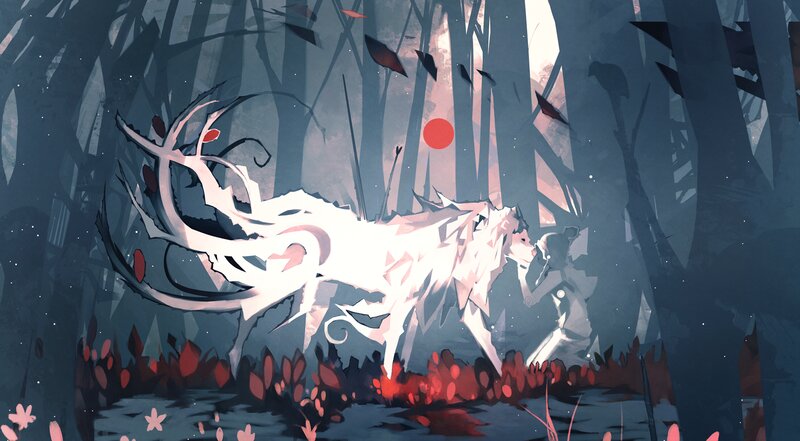 White Wolf in Forest — Blue, Dramatic, Night, Digital Art, Trees