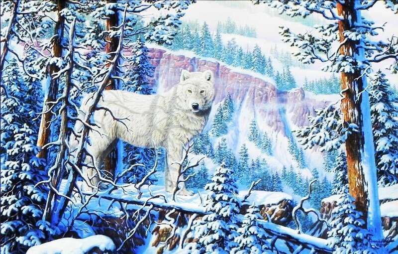 White Wolf in Forest — Blue, Serene, Winter