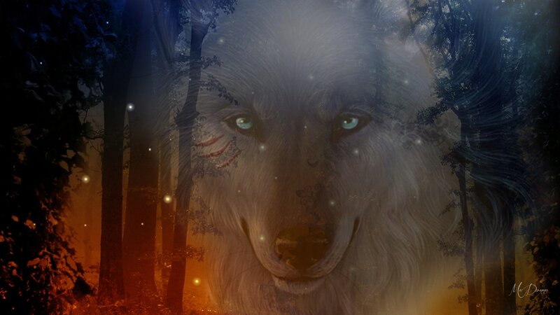 White Wolf in Forest — Mystical, Night, Digital Art