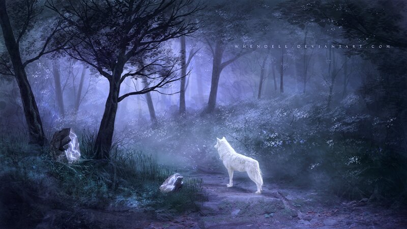 White Wolf in Forest — Purple, Mystical, Night, Digital Art