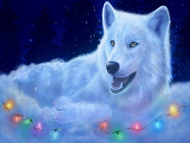 White Wolf in Snow — Blue, Serene, Night