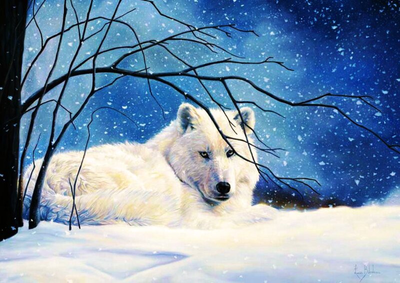 White Wolf in Snow — Blue, Serene, Winter, Painting