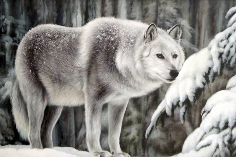 White Wolf in Snow — Cold, Winter, Painting