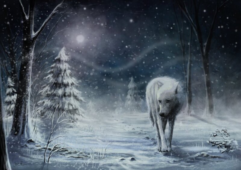 White Wolf in Snow — Serene, Night, Digital Art