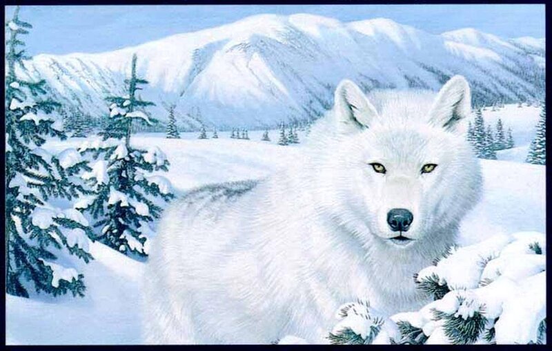 White Wolf in Snow — Serene, Winter, Digital Art, Mountains
