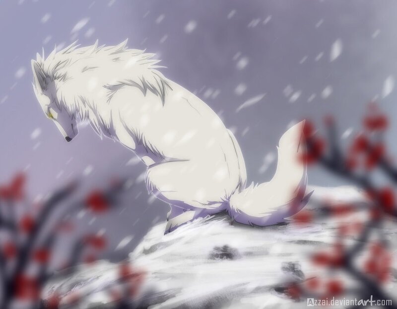 white wolf in snowstorm