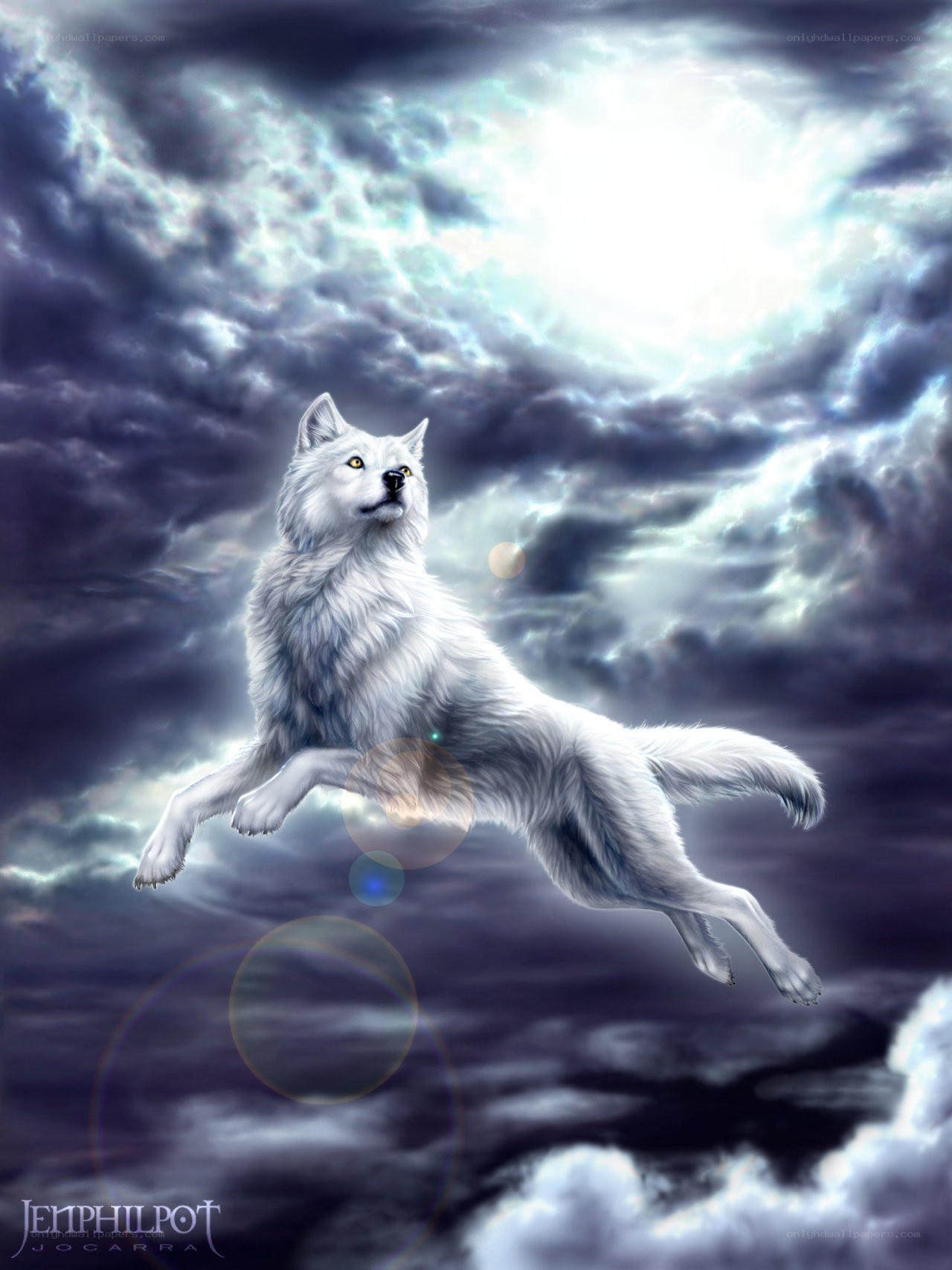White wolf in stormy sky