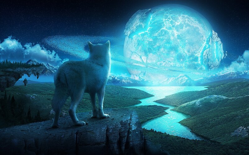 White Wolf on Cliff — Blue, Dramatic, Night, Digital Art, Moon, River