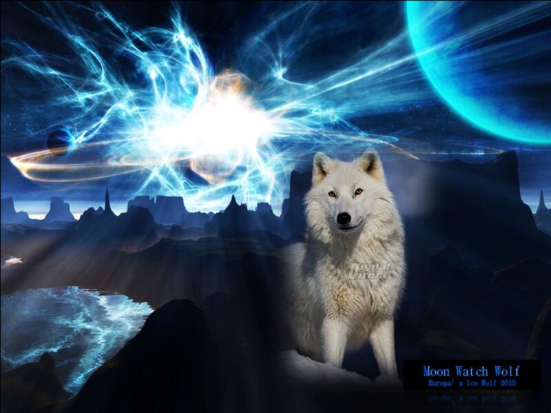 White Wolf on Cliff — Blue, Dramatic, Night, Digital Art, Planet