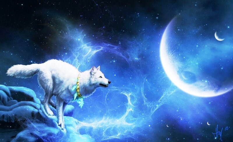 White Wolf on Ice — Blue, Serene, Night, Digital Art, Moon