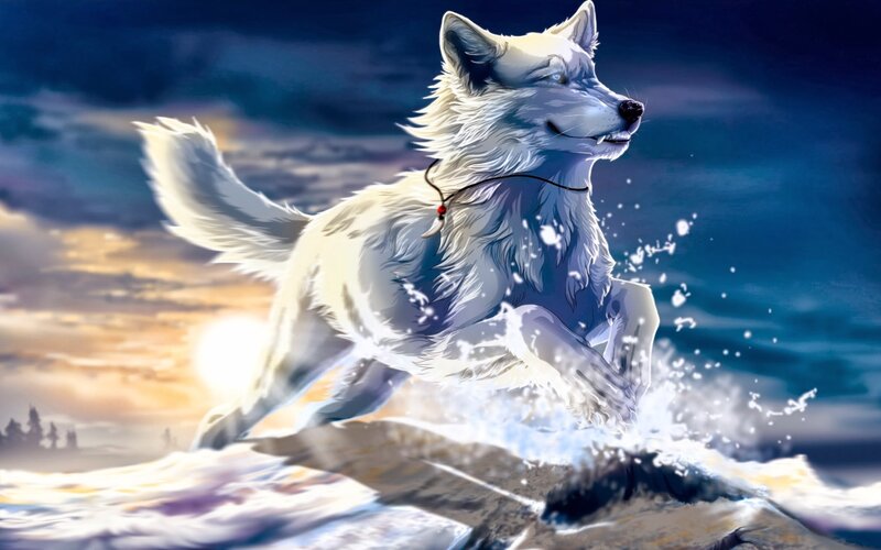 White Wolf Running — Blue, Dramatic, Sunset, Digital Art