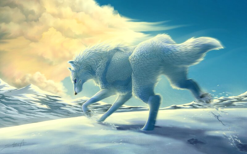 White Wolf Running — Blue, Dramatic, Winter, Digital Art
