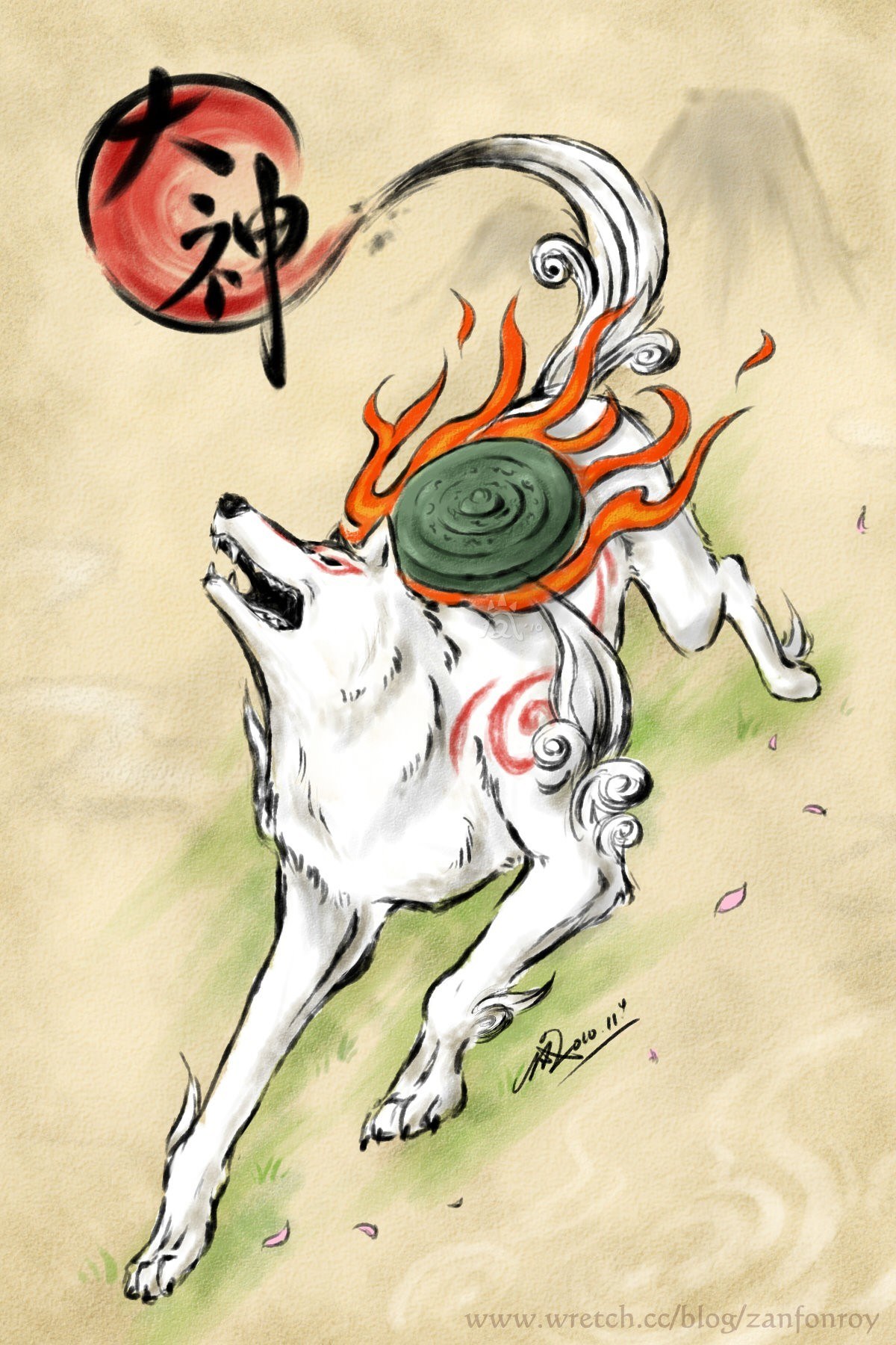White wolf with fire and kanji