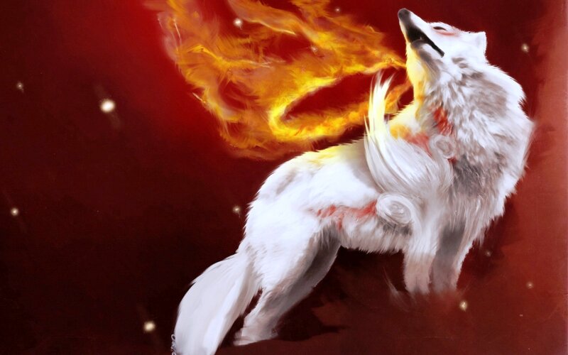 White Wolf with Flames — Red, Dramatic, Digital Art