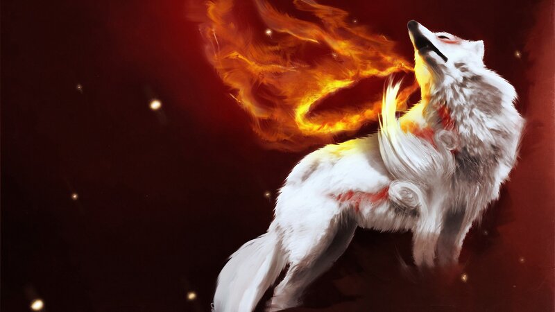 White Wolf with Flames — Red, Dramatic, Night, Digital Art, Stars