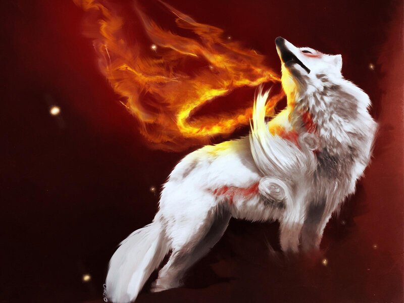 White Wolf with Flames — Red, Dramatic, Night