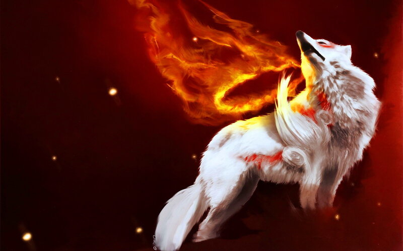 White Wolf with Flames — Red