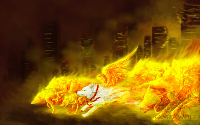 White Wolf with Flames — Yellow