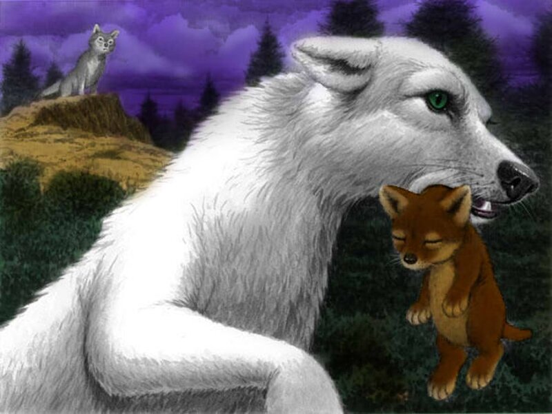 White Wolf with Fox Cub