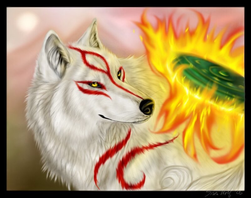 white wolf with red markings
