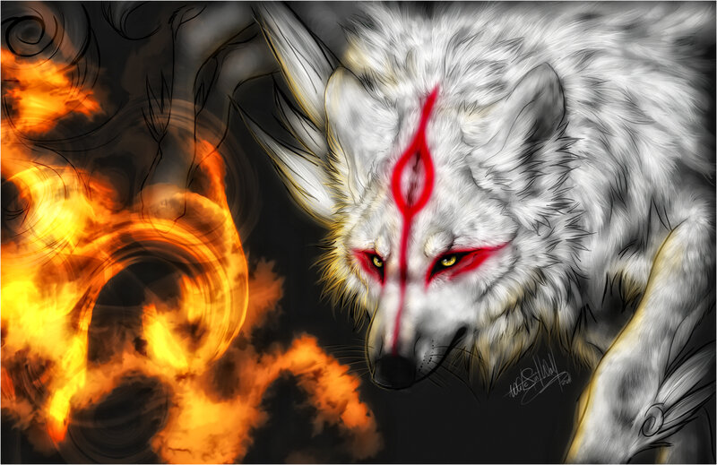 White Wolf with Red Markings — Black, Dramatic