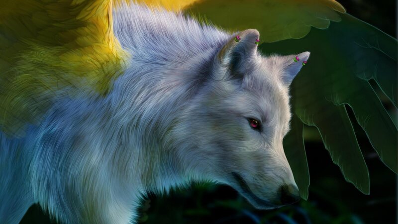 White Wolf with Wings — Dramatic, Digital Art, Red Eyes