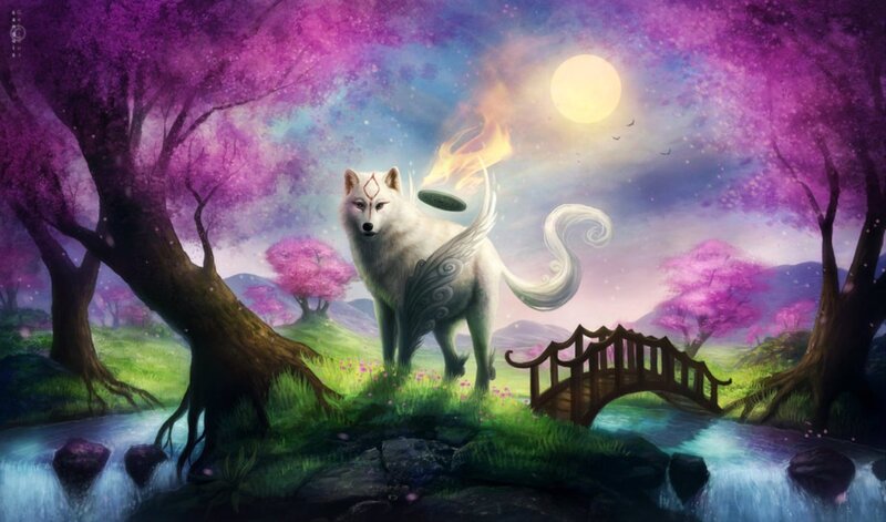 White Wolf with Wings — Purple, Serene, Night