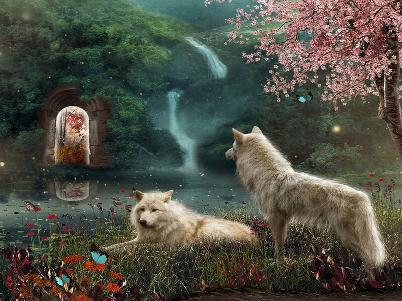 White Wolves in Forest — Green, Serene