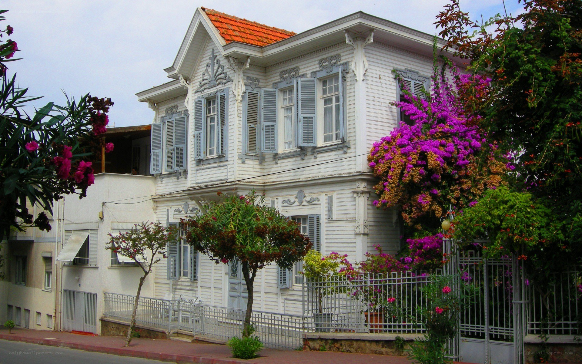 White wooden house with flowers