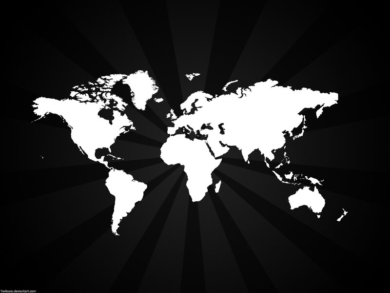 white world map on black background
