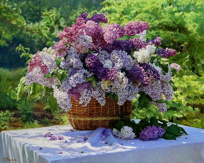 Wicker Basket of Lilacs — Purple