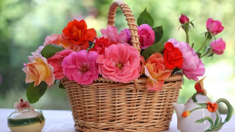 Wicker Basket of Roses — Pink