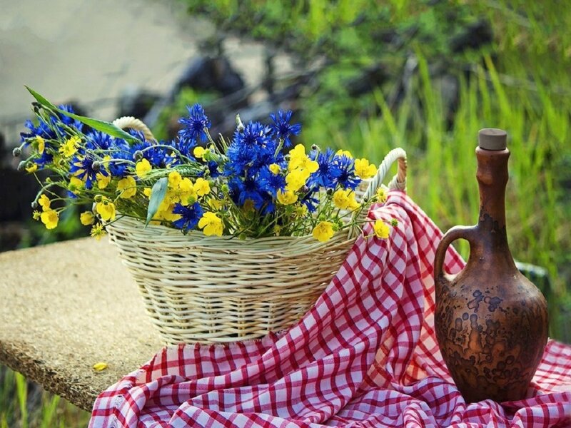 Wicker Basket with Flowers — Blue