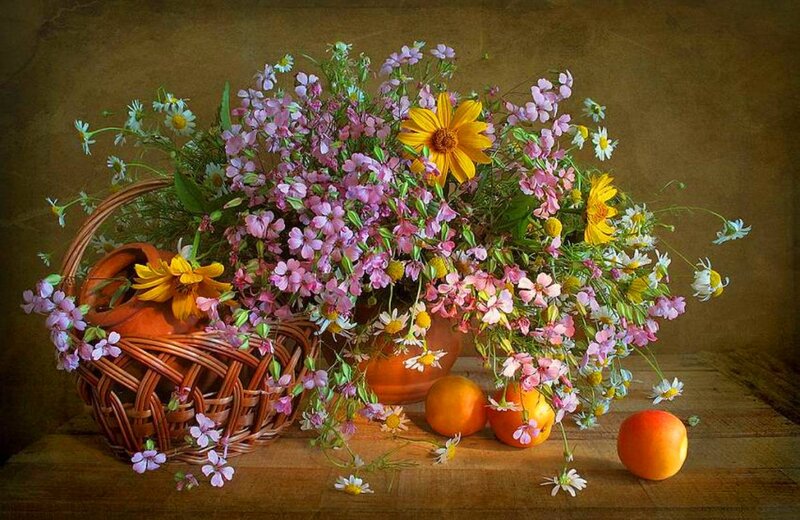 Wicker Basket with Flowers — Brown, Calm, Afternoon