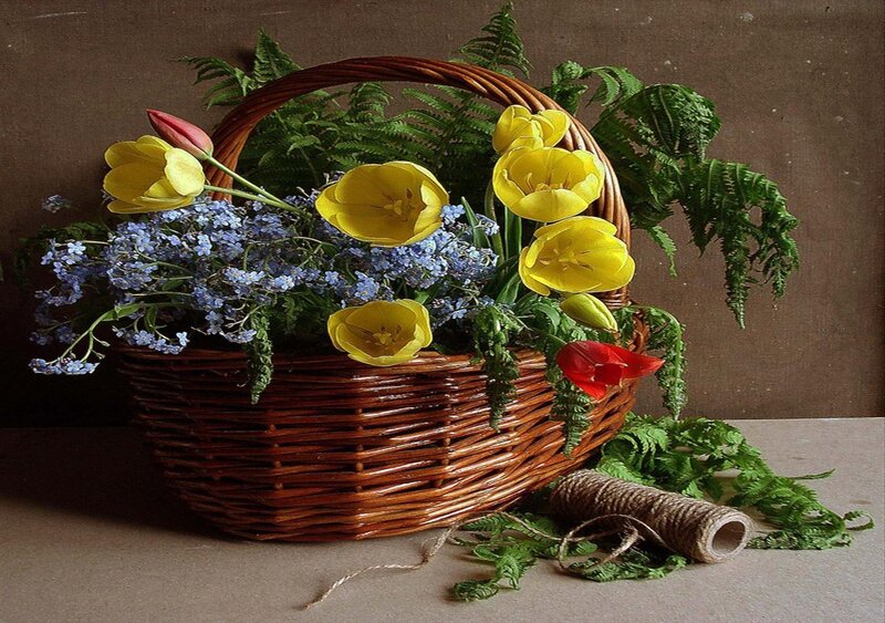 Wicker Basket with Flowers — Brown, Calm, Photograph