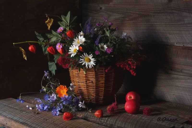 Wicker Basket with Flowers — Brown, Dramatic, Photograph, Apples