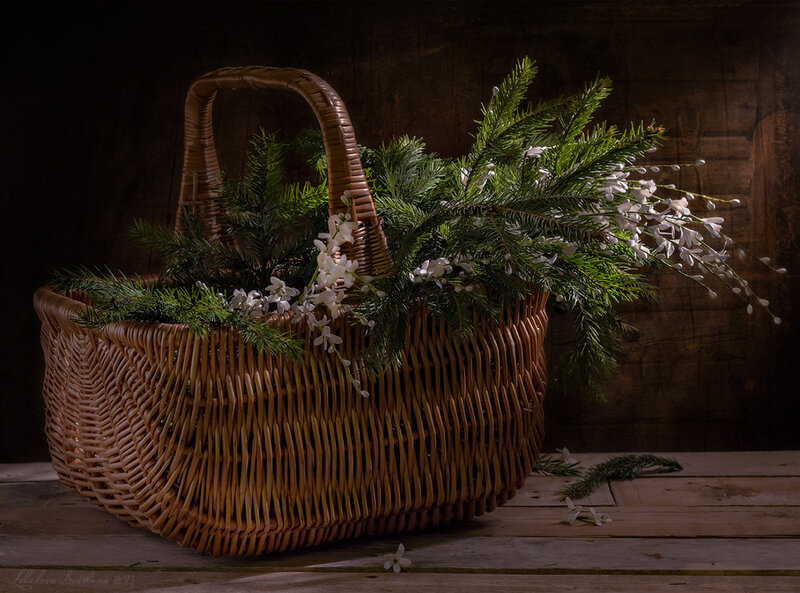 Wicker Basket with Flowers — Brown, Dramatic, Photograph, Branches