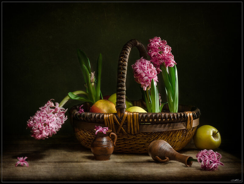 Wicker Basket with Flowers — Brown, Dramatic, Photograph