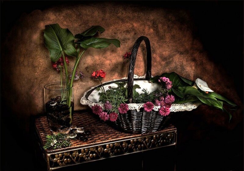 Wicker Basket with Flowers — Brown, Dramatic, Photograph, Vase