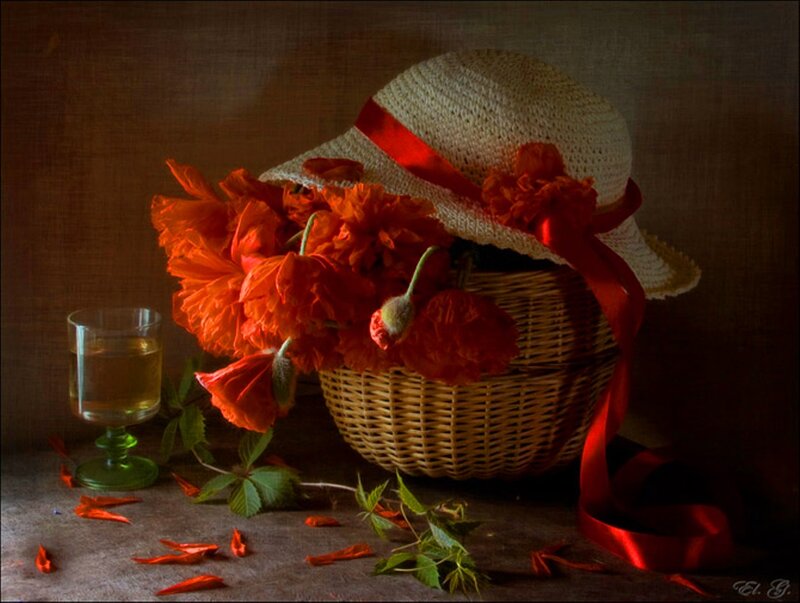 Wicker Basket with Flowers — Brown, Dramatic