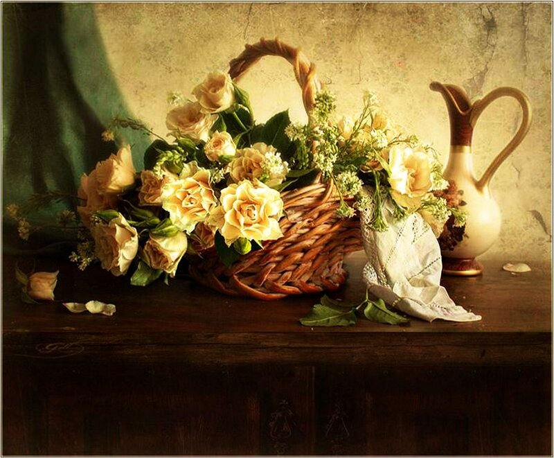 Wicker Basket with Flowers — Brown, Serene, Painting