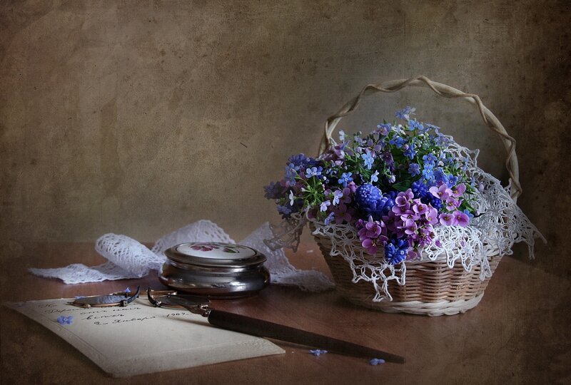 Wicker Basket with Flowers — Brown, Serene, Photograph
