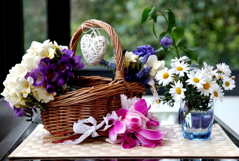 Wicker Basket with Flowers — Brown, Serene, Spring