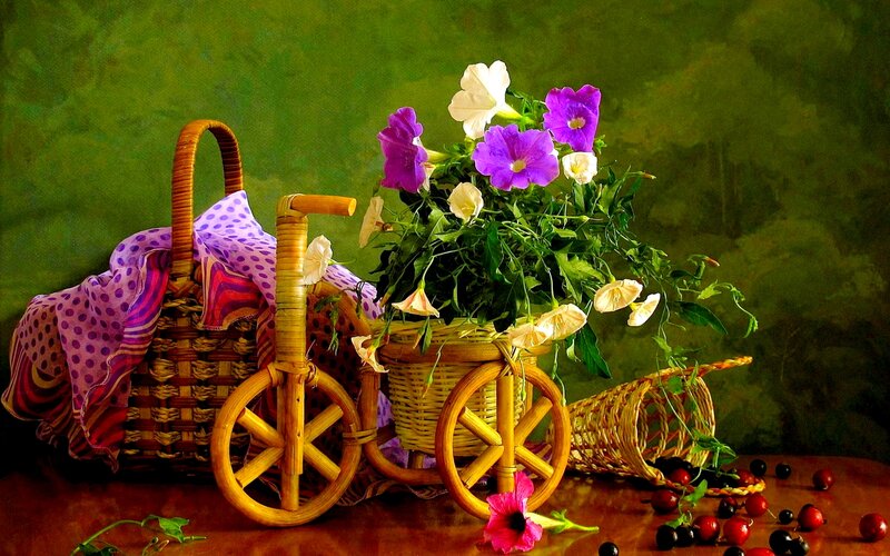 Wicker Basket with Flowers — Green, Calm
