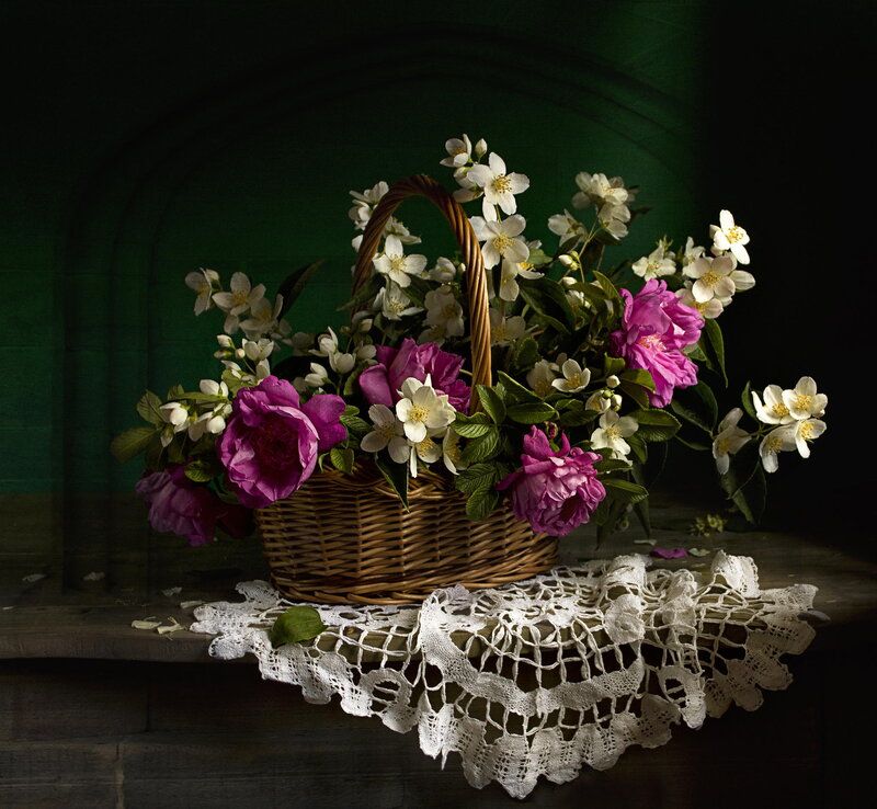 Wicker Basket with Flowers — Green, Dramatic, Photograph