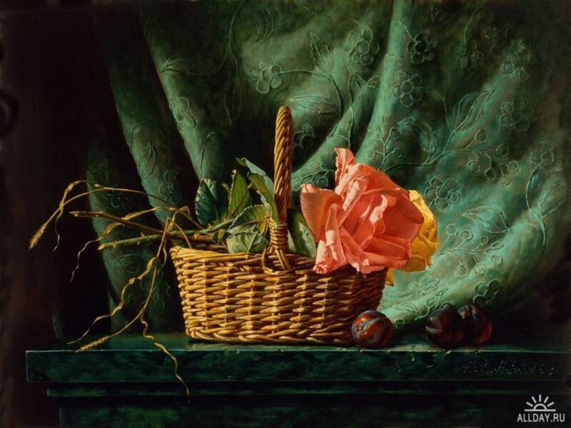 Wicker Basket with Flowers — Green, Dramatic