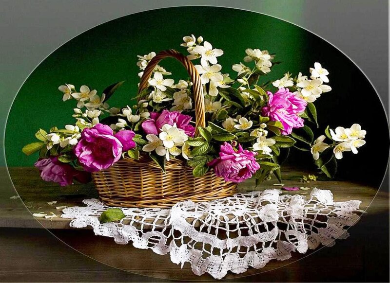 Wicker Basket with Flowers — Green, Serene, Photograph