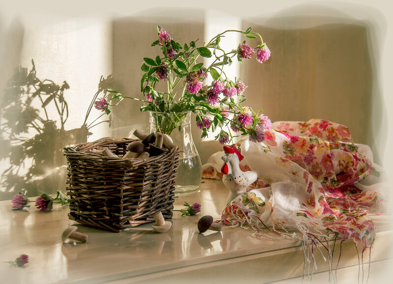 Wicker Basket with Flowers — White, Serene, Morning